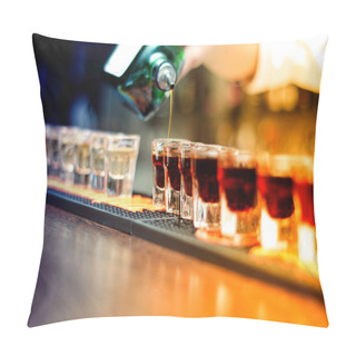 Personality  Bartender Pouring Strong Alcoholic Drink Into Small Glasses On Bar, Shot Glasses Pillow Covers