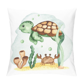 Personality  Sea Turtle, Crab, Seaweed. Watercolor Hand Drawn Composition Pillow Covers