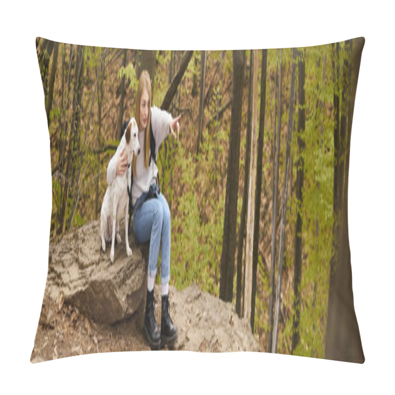 Personality  Devoted Blond Adventurer Showing Her Curious Dog A Direction Sitting On Rock In The Woods, Banner Pillow Covers