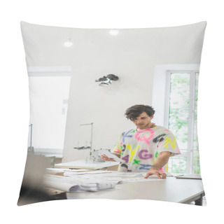 Personality  Stylish Designer Working With Sketches In Fashion Atelier, Blurred Foreground Pillow Covers