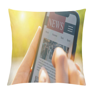 Personality  Online News On Mobile Phone. Close Up Of Smartphone Screen. Woman Reading Articles In Application. Hand Holding Smart Device. Mockup Website. Newspaper And Portal On Internet. Pillow Covers