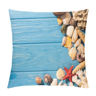 Personality  Top View Of Seashells, Starfishes And Coral On Wooden Blue Background Pillow Covers