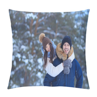 Personality  Playful Young Couple Walking In Winter Forest Pillow Covers