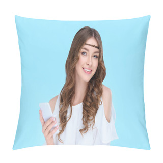 Personality  Beautiful Young Woman With Smartphone Isolated On Blue Pillow Covers