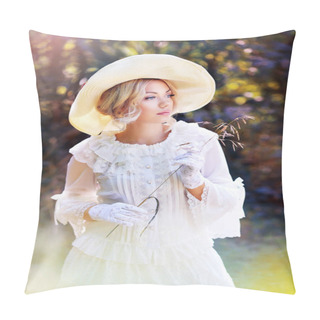 Personality  Portrait Of Beautiful Woman In Victorian Age Dress And Fancy Hat Walking Outdoor Pillow Covers