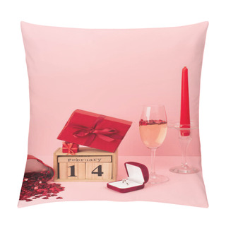 Personality  Red Gift Boxes On Calendar With 14 February Near Champagne In Glass, Engagement Ring, Candle And Confetti On Pink Pillow Covers