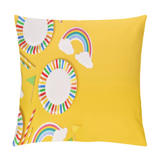Personality  Party Flat Lay With Colorful Plates, Rainbow Napkins And Drinking Straws On Yellow Background With Copy Space Pillow Covers