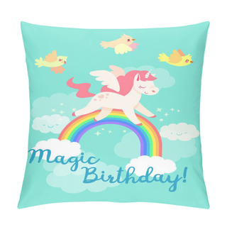 Personality  Happy Birthday Card With Flying Unicorn In Vector Pillow Covers