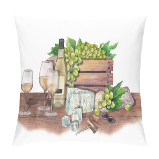 Personality  Watercolor Wine Glasses And Bottles, Box Of Grapes, Cheese, Cork And Corkscrew Pillow Covers