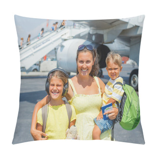 Personality  Young Mother With Two Kids In Front Of Airplane Pillow Covers