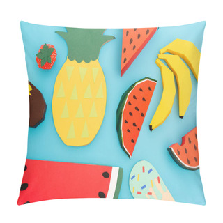 Personality  Top View Of Paper Summer Fruits And Ice Cream On Blue Background Pillow Covers