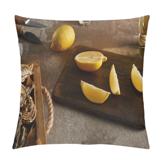 Personality  Selective Focus Of Delicious Oysters In Shells Near Lemons On Wooden Cutting Board Pillow Covers