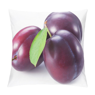 Personality  Three Plums With Leaves On White Background. Pillow Covers