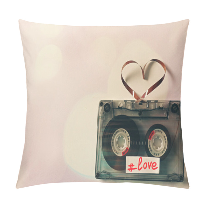 Personality  Retro audio cassette with tape in shape of heart on white background pillow covers
