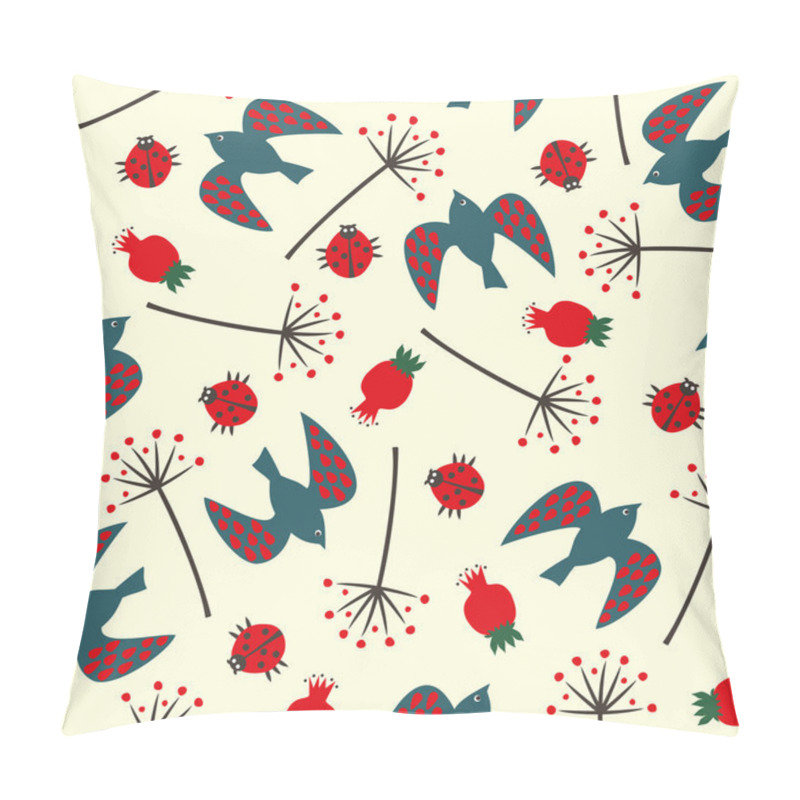 Personality  pattern with birds, ladybugs, rose hips pillow covers