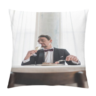 Personality  Well-dressed Gentleman In Tuxedo Enjoying Taste Of Champagne While Eating Beef Steak, Wealthy Life Pillow Covers