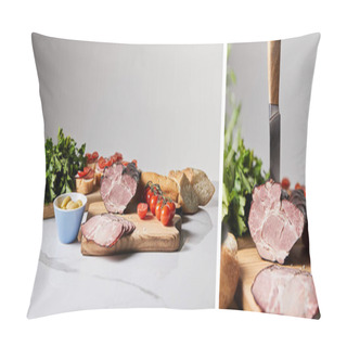 Personality  Collage Of Tasty Ham On Cutting Board With Knife, Parsley, Cherry Tomatoes, Olives And Baguette On White Marble Surface Isolated On Grey Pillow Covers