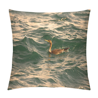 Personality  Cormorant Is Diving In Choppy Water. Shallow Depth Of Field. Ton Pillow Covers
