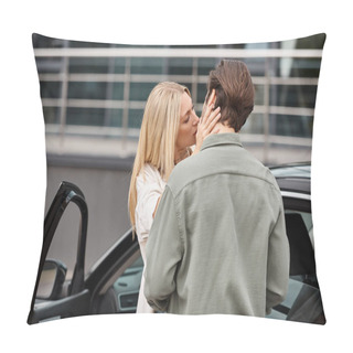 Personality  Passionate And Blonde Woman And Stylish Man Embracing Near Car On City Street, Urban Romance Pillow Covers