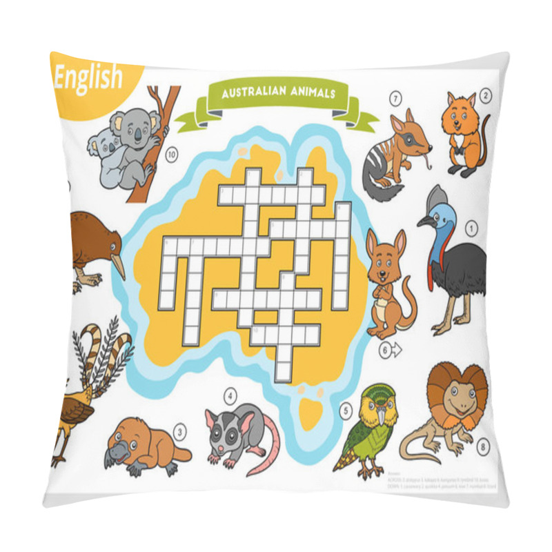 Personality  Vector Colorful Crossword In English, Education Game For Children. Cartoon Animals Of Australia Pillow Covers