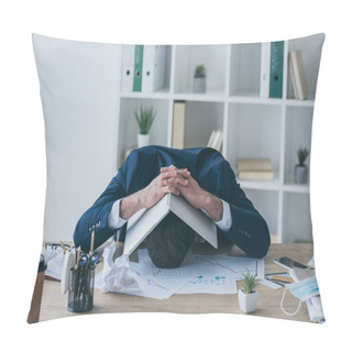 Personality  Depressed Businessman Sitting At Workplace And Covering Head With Laptop Pillow Covers