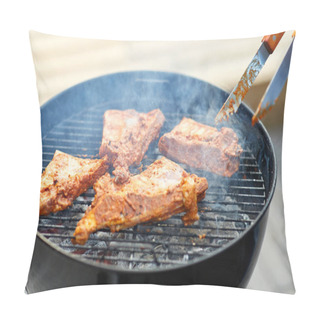 Personality  Close Up Of Barbecue Meat Roasting On Grill Pillow Covers