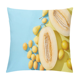 Personality  Top View Of Sweet Ripe Melon, Pears, Apricots And Lemons On Blue And Yellow Background Pillow Covers