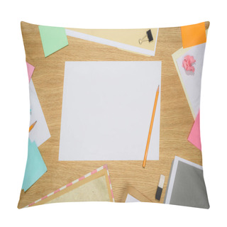 Personality  Elevated View Of Empty Papers With Pencils And Stationery Supplies On Wooden Table  Pillow Covers