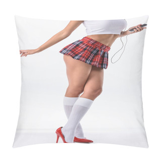 Personality  Cropped Shot Of Sexy Schoolgirl Listening Music With Headphones And Smartphone Isolated On White Pillow Covers
