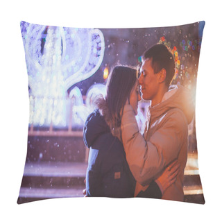 Personality  Portrait Of Young Beautiful Couple Kissing In An Autumn Rainy Day. Pillow Covers