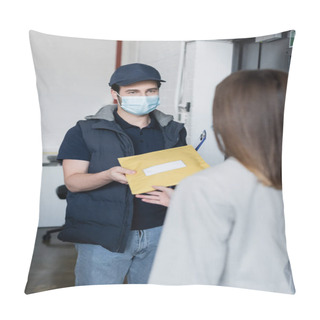 Personality  Courier In Medical Mask Holding Clipboard And Giving Parcel To Blurred Businesswoman In Office  Pillow Covers