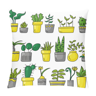 Personality  A Set Of Indoor Various Plants In A Doodle Style, Different Types Of Blooming And Not Only Indoor Plants In Bright Gray And Yellow Pots Vector Illustration Pillow Covers