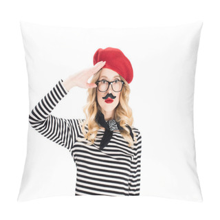 Personality  Serious Woman In Glasses And Red Beret With Fake Mustache Isolated On White  Pillow Covers