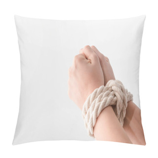 Personality  Cropped View Of Woman With Tied Hands Isolated On White, Human Rights Concept  Pillow Covers