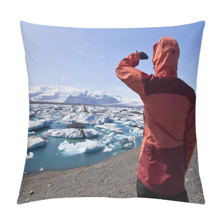 Personality  Female Hiker Looking At Iceberg Filled Lagoon, Jokulsarlon, Icel Pillow Covers