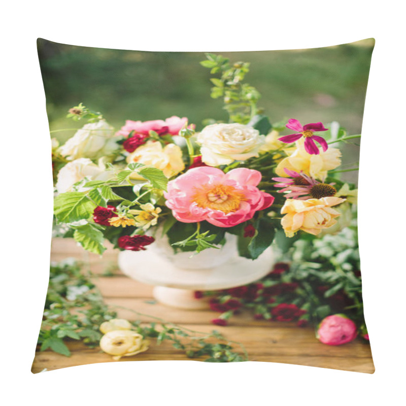 Personality  Bouquet, Holiday Flower, Gifts And Floral Arrangement Concept - White Vase With A Beautiful Bouquet On A Wooden Table, Decorative Arrangement Of Yellow And White Roses, Peons, Daisies, Carnations. Pillow Covers
