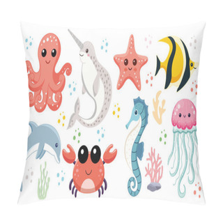 Personality  Cute Sea Animals, Set Of Illustrations With Aquatic Inhabitants Of The Ocean, Octopus And Narwhal, Starfish And Yellow Fish, Dolphin And Crab, Seahorse And Jellyfish. Pillow Covers
