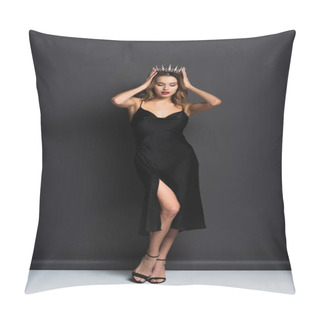 Personality  Full Length Of Elegant Young Woman In Black Slip Dress Adjusting Tiara With Diamonds On Grey Pillow Covers