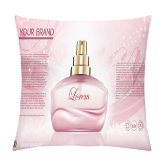 Personality  Perfume Bottle Cosmetic Ads Template, Droplet Bottle Mock Up Isolated On Dazzling Roses Background. Place For Brand Text. Glamorous Fragrance Sparkling Effects. Vector Illustration Pillow Covers