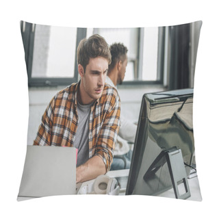 Personality  Selective Focus Of Thoughtful Programmer Working Near African American Colleague In Office Pillow Covers