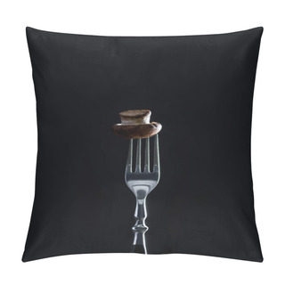 Personality  Raw Champignon Mushroom On Fork Isolated On Black Pillow Covers