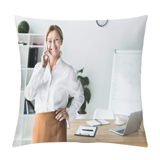 Personality  Smiling Attractive Businesswoman Talking By Smartphone In Office Pillow Covers