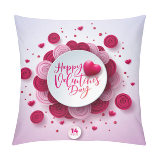 Personality  Happy Valentines Day Design With Rose Flower, Red Heart And Handwriting Typography Letter On Light Pink Background. Vector Love, Wedding And Romantic Valentine Theme Illustration For Flyer, Greeting Pillow Covers