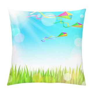 Personality  Summer Sunny Landscape With Green Grass And Colorful Kites Flying In The Sky - Vector Illustration Pillow Covers