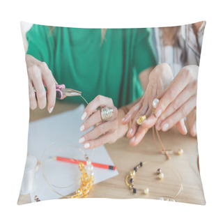Personality  Cropped Shot Of Women Making Accessories Of Beads Pillow Covers