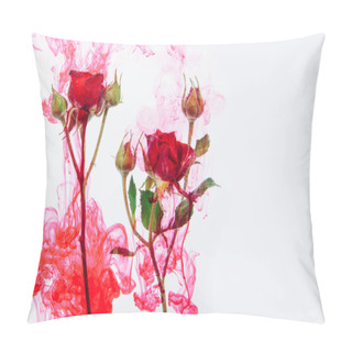 Personality  Pink Roses With Green Leaves Inside The Water On A White Background With Red Paints. Watercolor Style And Abstract Image Of Red Roses. Pillow Covers