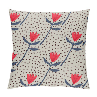 Personality  Seamless Floral Tulip Pattern In Red And Navy Blue Colors. Grey Background With Dots. Simple Design. Decorative Print For Wallpaper, Wrapping Paper, Textile Print, Fabric. Vector Illustration. Pillow Covers