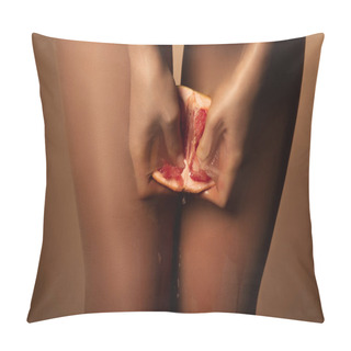 Personality  Cropped View Of Woman In Nylon Tights Squeezing Grapefruit Half Isolated On Brown Pillow Covers