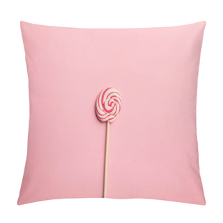 Personality  Top View Of Delicious Multicolored Swirl Lollipop On Wooden Stick On Pink Background Pillow Covers