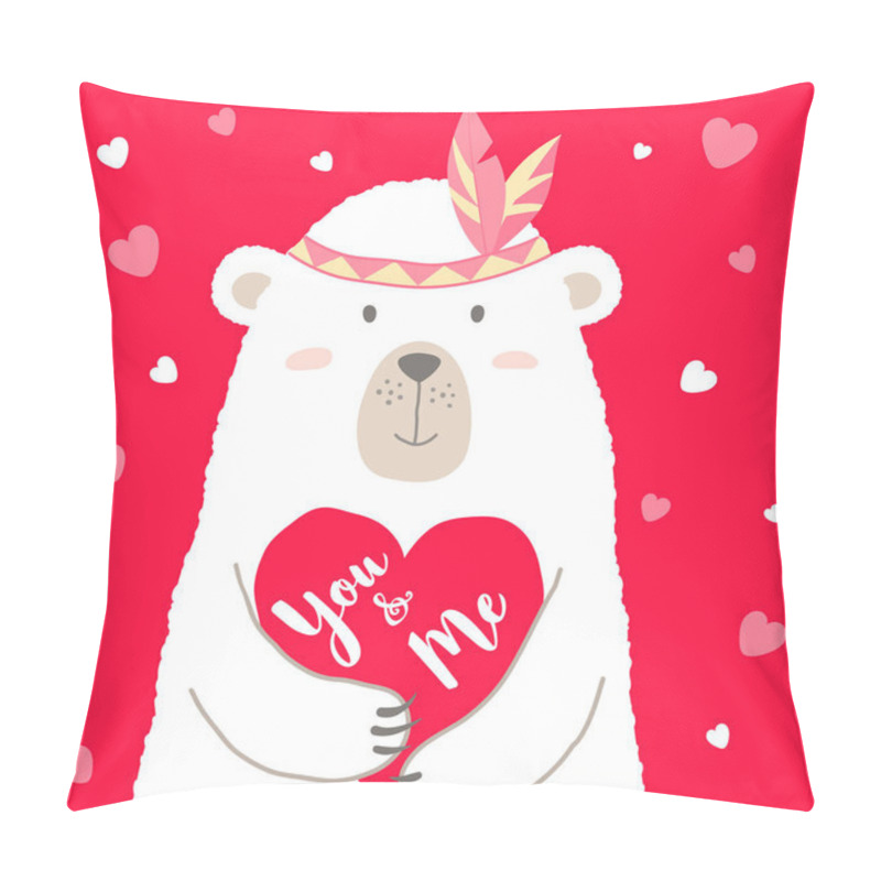 Personality  Vector Illustration Of Cute Cartoon Bear Holding Heart And Hand Written Lettering You And Me For Valentines Card,  Placards, T-shirt Prints, Greeting Cards. Valentines Day Greeting. Pillow Covers